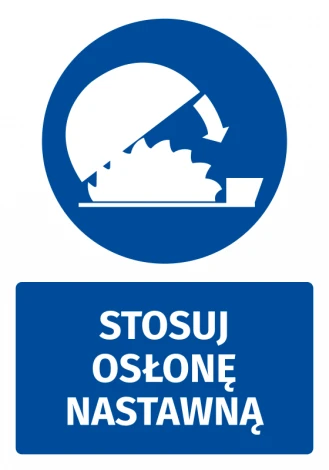 Naklejka BHP z piktogramem Stosuj osłonę nastawną - Wzór graficzny. Okrągły piktogram z niebieskim tłem, przedstawiający