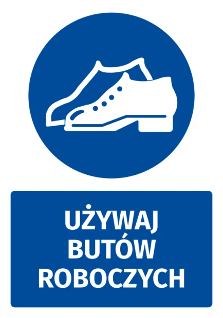 Naklejka BHP z piktogramem Używaj butów roboczych - Wzór graficzny. Okrągły niebieski kształt z białymi butami roboczymi