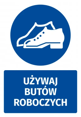 Naklejka BHP z piktogramem Używaj butów roboczych - Wzór graficzny. Okrągły niebieski kształt z białymi butami roboczymi