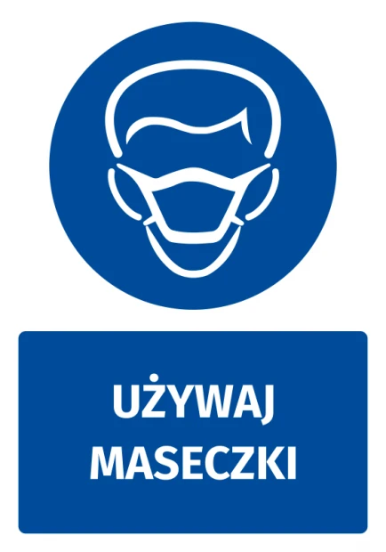 Naklejka BHP z piktogramem Używaj maseczki - Wzór graficzny. Okrągły piktogram z wizerunkiem twarzy w maseczce na niebieskim