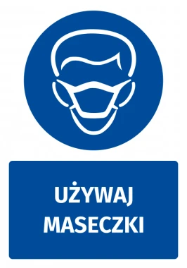 Naklejka BHP z piktogramem Używaj maseczki - Wzór graficzny. Okrągły piktogram z wizerunkiem twarzy w maseczce na niebieskim