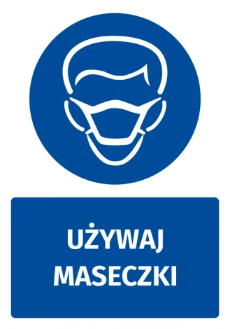 Naklejka BHP z piktogramem Używaj maseczki - Wzór graficzny. Okrągły piktogram z wizerunkiem twarzy w maseczce na niebieskim