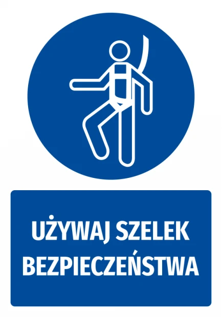 Naklejka BHP z piktogramem Używaj szelek bezpieczeństwa - Wzór graficzny. Okrągły niebieski znak z białym piktogramem osoby