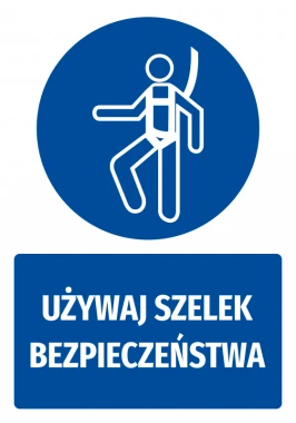 Naklejka BHP z piktogramem Używaj szelek bezpieczeństwa - Wzór graficzny. Okrągły niebieski znak z białym piktogramem osoby