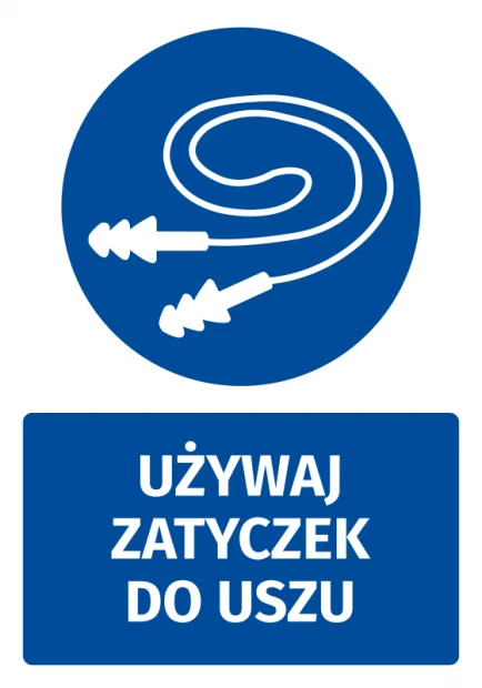 Naklejka BHP z piktogramem Używaj zatyczek do uszu - Wzór graficzny. Okrągły niebieski symbol z zatyczkami do uszu i biała
