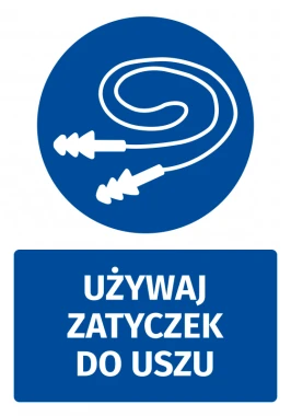 Naklejka BHP z piktogramem Używaj zatyczek do uszu - Wzór graficzny. Okrągły niebieski symbol z zatyczkami do uszu i biała