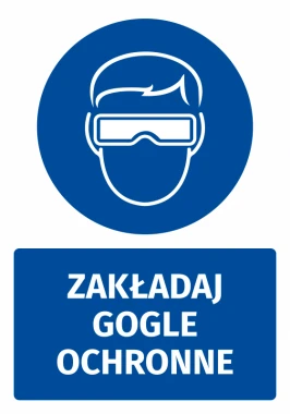 Naklejka BHP z piktogramem Zakładaj gogle ochronne - Wzór graficzny. Okrągły kształt z białym wizerunkiem głowy w goglach