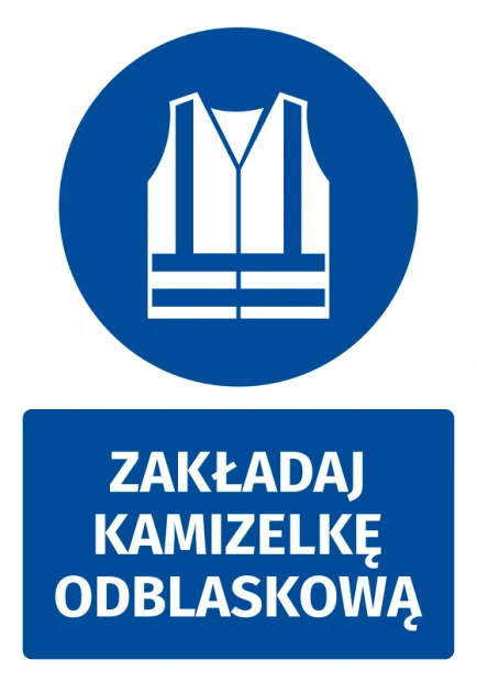 Naklejka BHP z piktogramem Zakładaj kamizelkę odblaskową - Wzór graficzny. Okrągły niebieski znak z białym piktogramem