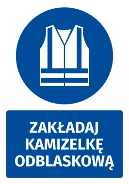 Naklejka BHP z piktogramem Zakładaj kamizelkę odblaskową - Wzór graficzny. Okrągły niebieski znak z białym piktogramem