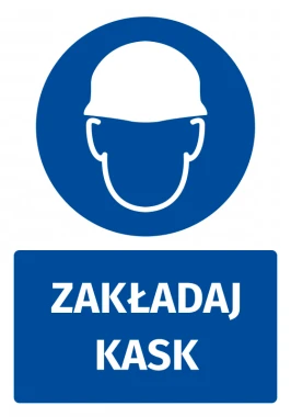 Naklejka BHP z piktogramem Zakładaj kask - Wzór graficzny. Okrągły kształt z białym kaskiem na niebieskim tle, pod nim napis