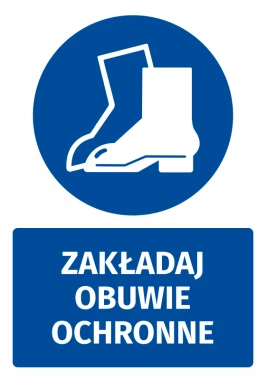 Naklejka BHP z piktogramem Zakładaj obuwie ochronne - Wzór graficzny. Okrągły niebieski kształt z białymi butami ochronnymi