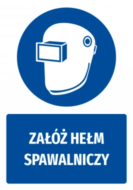 Naklejka BHP z piktogramem Załóż hełm spawalniczy - Wzór graficzny. Okrągły kształt, niebieskie tło, biały hełm spawalniczy