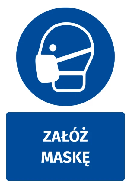 Niebieska naklejka BHP nakazu z białym piktogramem głowy w masce ochronnej i napisem Załóż maskę na białym tle
