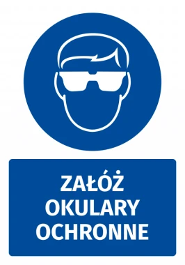 Naklejka BHP z piktogramem Załóż okulary ochronne - Wzór graficzny. Okrągły kształt z sylwetką osoby w okularach. Tekst