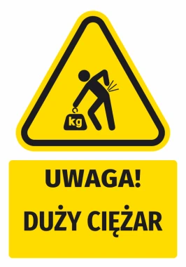Naklejka ostrzegawcza BHP z piktogramem Uwaga! Duży ciężar - Wzór graficzny. Trójkąt z czarnym piktogramem osoby podnoszącej