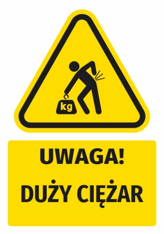 Naklejka ostrzegawcza BHP z piktogramem Uwaga! Duży ciężar - Wzór graficzny. Trójkąt z czarnym piktogramem osoby podnoszącej