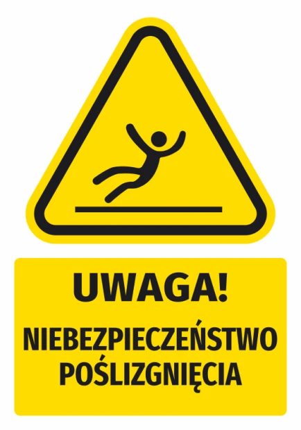 Żółta naklejka ostrzegawcza BHP z czarnym piktogramem poślizgnięcia i napisem Uwaga! Niebezpieczeństwo poślizgnięcia