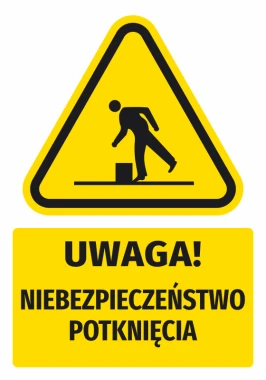 Naklejka ostrzegawcza BHP z piktogramem Uwaga! Niebezpieczeństwo potknięcia - Wzór graficzny. Trójkąt z postacią człowieka