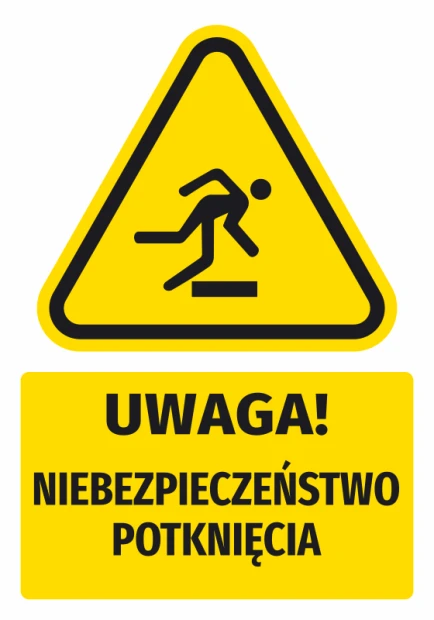 Naklejka ostrzegawcza BHP z piktogramem Uwaga Niebezpieczeństwo potknięcia - Wzór graficzny. Trójkątna forma z postacią
