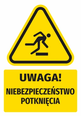 Naklejka ostrzegawcza BHP z piktogramem Uwaga Niebezpieczeństwo potknięcia - Wzór graficzny. Trójkątna forma z postacią