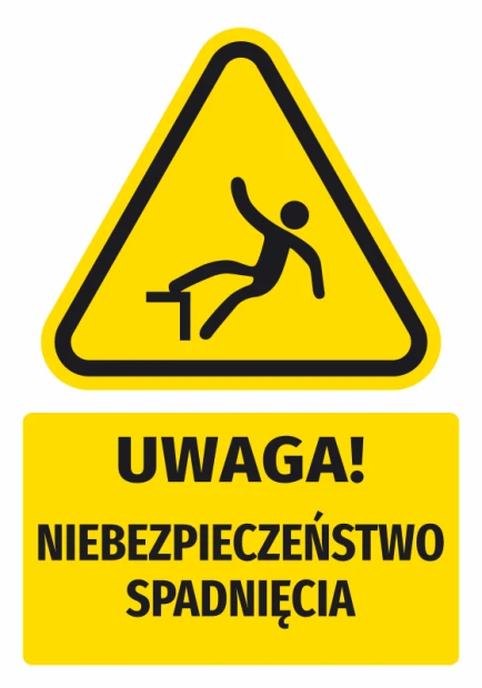 Naklejka ostrzegawcza BHP z piktogramem Uwaga! Niebezpieczeństwo spadnięcia - Wzór graficzny. Trójkąt z postacią w upadku