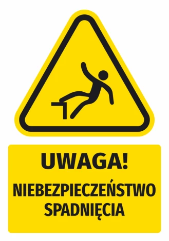Naklejka ostrzegawcza BHP z piktogramem Uwaga! Niebezpieczeństwo spadnięcia - Wzór graficzny. Trójkąt z postacią w upadku