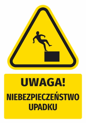 Naklejka ostrzegawcza BHP z piktogramem Uwaga! Niebezpieczeństwo upadku - Wzór graficzny. Trójkąt z postacią spadającą