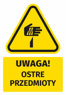 Naklejka ostrzegawcza BHP z piktogramem Uwaga! Ostre przedmioty - Wzór graficzny. Żółty trójkąt z czarnym piktogramem ręki