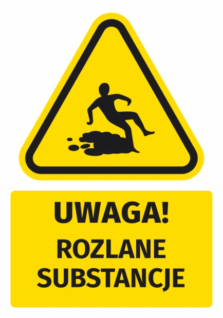 Naklejka ostrzegawcza BHP z piktogramem Uwaga! Rozlane substancje - Wzór graficzny. Trójkątna forma z żółtym tłem, czarny