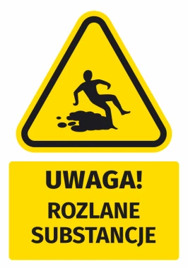 Naklejka ostrzegawcza BHP z piktogramem Uwaga! Rozlane substancje - Wzór graficzny. Trójkątna forma z żółtym tłem, czarny