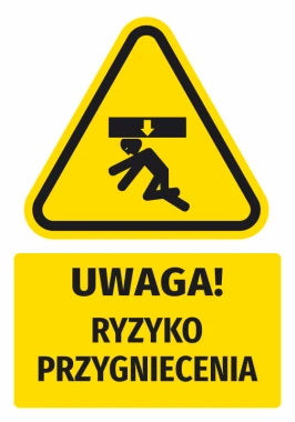 Naklejka ostrzegawcza BHP z piktogramem Uwaga! Ryzyko przygniecenia - Wzór graficzny. Trójkątna forma z czarnym piktogramem