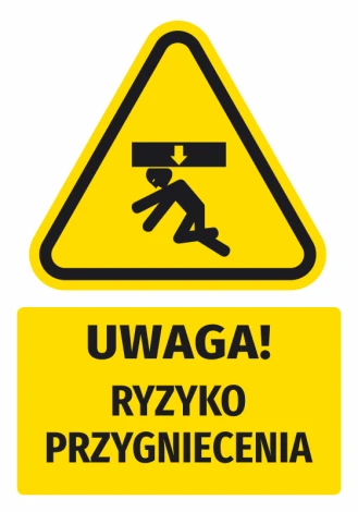 Naklejka ostrzegawcza BHP z piktogramem Uwaga! Ryzyko przygniecenia - Wzór graficzny. Trójkątna forma z czarnym piktogramem