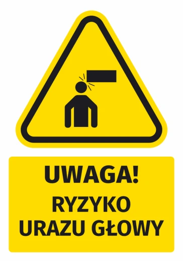 Żółta naklejka ostrzegawcza BHP z piktogramem uderzenia w głowę i napisem Uwaga! Ryzyko urazu głowy