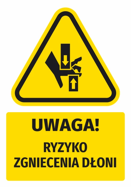 Naklejka ostrzegawcza BHP z piktogramem Uwaga! Ryzyko zgniecenia dłoni N736 - Wzór graficzny. Trójkątna forma z czarnym