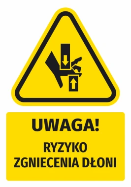 Naklejka ostrzegawcza BHP z piktogramem Uwaga! Ryzyko zgniecenia dłoni N736 - Wzór graficzny. Trójkątna forma z czarnym