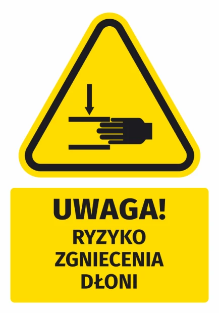 Naklejka ostrzegawcza BHP z piktogramem Uwaga! Ryzyko zgniecenia dłoni - Wzór graficzny. Trójkąt z czarnym symbolem dłoni