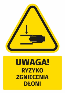 Naklejka ostrzegawcza BHP z piktogramem Uwaga! Ryzyko zgniecenia dłoni - Wzór graficzny. Trójkąt z czarnym symbolem dłoni