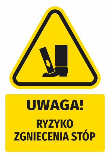 Żółta naklejka ostrzegawcza BHP z piktogramem i napisem Uwaga! Ryzyko zgniecenia stóp na białym tle