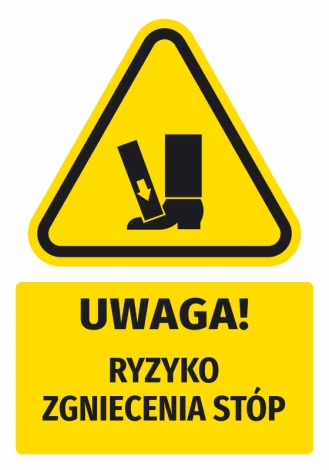 Naklejka ostrzegawcza BHP z piktogramem Uwaga! Ryzyko zgniecenia stóp - Wzór graficzny. Trójkątna forma w żółtym kolorze