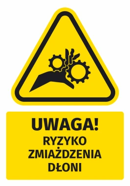 Naklejka ostrzegawcza BHP z piktogramem Uwaga! Ryzyko zmiażdzenia dłoni - Wzór graficzny. Trójkąt z czarnym symbolem dłoni
