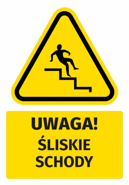 Naklejka ostrzegawcza BHP z piktogramem Uwaga! Śliskie schody - Wzór graficzny. Trójkątna forma w żółtym kolorze z czarnym