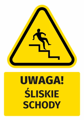 Naklejka ostrzegawcza BHP z piktogramem Uwaga! Śliskie schody - Wzór graficzny. Trójkątna forma w żółtym kolorze z czarnym