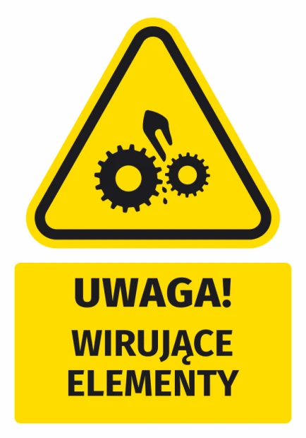 Naklejka ostrzegawcza BHP z piktogramem Uwaga! Wirujące elementy - Wzór graficzny. Żółty trójkąt z czarnymi zębatkami