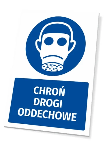Niebieska tabliczka BHP z piktogramem maski i białym napisem Chroń drogi oddechowe, pokazana pod lekkim kątem
