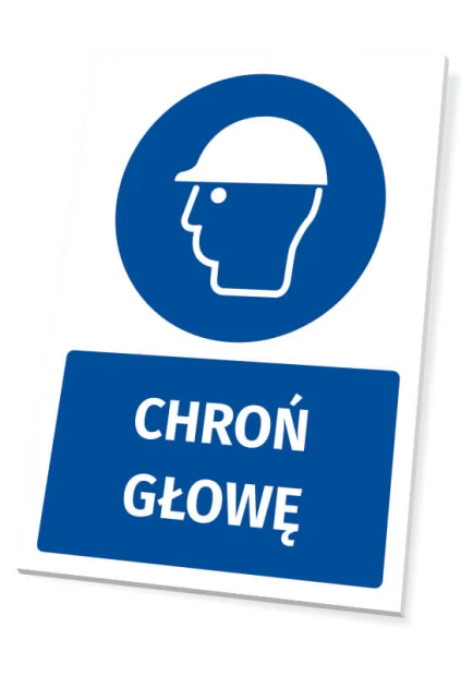 Tabliczka BHP z piktogramem Chroń głowę - Wzór graficzny. Okrągły piktogram z sylwetką głowy w hełmie, napis Chroń głowę