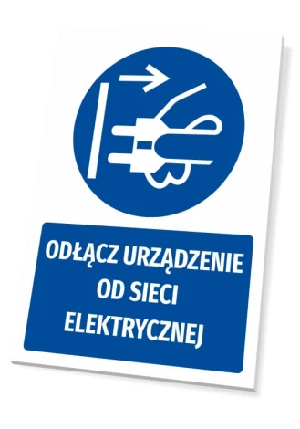 Tabliczka BHP z piktogramem Odłącz urządzenie od sieci elektrycznej - Wzór graficzny. Okrągły piktogram z wtyczką