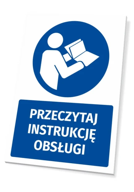 Tabliczka BHP z piktogramem Przeczytaj instrukcję obsługi - Wzór graficzny. Okrągły piktogram przedstawia postać przy