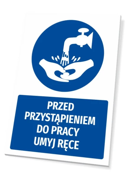Tabliczka BHP z piktogramem Przed przystąpieniem do pracy umyj ręce - Wzór graficzny. Okrągły piktogram z kranem i myjącymi
