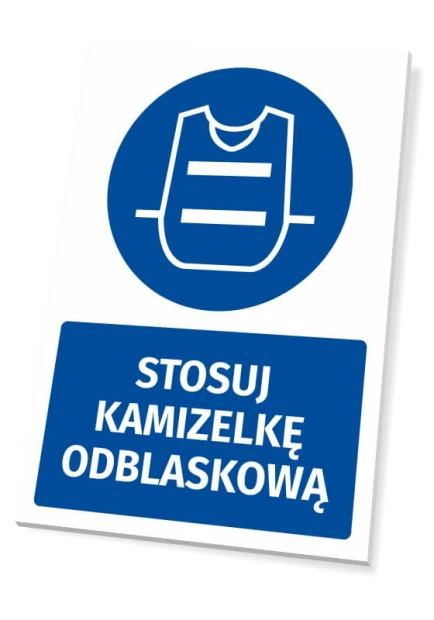 Tabliczka BHP z piktogramem Stosuj kamizelkę odblaskową - Wzór graficzny. Okrągły piktogram z kamizelką odblaskową
