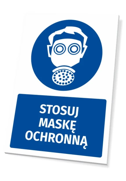 Tabliczka BHP z piktogramem Stosuj maskę ochronną - Wzór graficzny. Okrągły piktogram z postacią w masce ochronnej